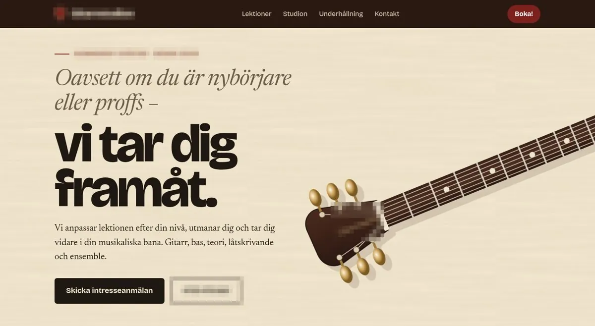 Efter: ljus design med stor rubrik och illustrerad gitarrhals